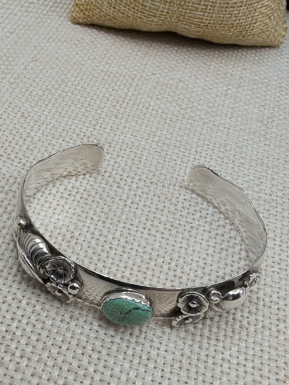 Vintage Artisan 925 Sterling Silver Turquoise Floral Cuff Bracelet Southwest - Picture 15 of 17